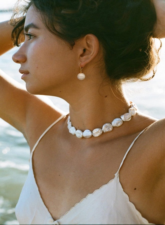 POTESSA Handpicked Pearl Dangle Earrings for Women 18K Gold Plated LeverBack Dangle Round White Shell Pearl Earrings - Image 3